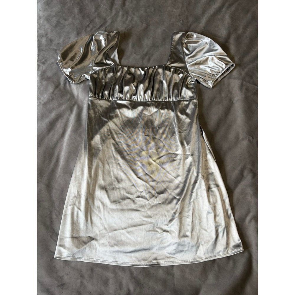 H&M Divided Silver Metallic Mini Dress Short Puff Sleeve Square Neck Party L